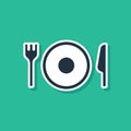 Blue Plate, fork and knife icon isolated on green background. Cutlery symbol. Restaurant sign. Vector Royalty Free Stock Photo