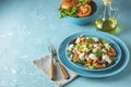 Blue plate of fresh superfoods healthy salad with red onion, tomatoes, doucette lambs lettuce, corn salad, field salad and feta Royalty Free Stock Photo