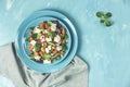 Blue plate of fresh superfoods healthy salad with red onion, tomatoes, doucette lambs lettuce, corn salad, field salad and feta Royalty Free Stock Photo