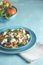 Blue plate of fresh superfoods healthy salad with red onion, tomatoes, doucette lambs lettuce, corn salad, field salad and feta Royalty Free Stock Photo