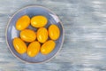 Blue plate with ripe yellow tomatoes. Photo Royalty Free Stock Photo