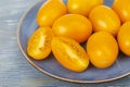 Blue plate with ripe yellow tomatoes. Photo Royalty Free Stock Photo