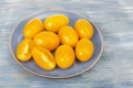 Blue plate with ripe yellow tomatoes. Photo Royalty Free Stock Photo