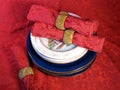 Blue plates on brocade