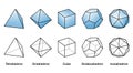 Blue Platonic solids and black wireframe models with same size