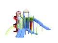 Blue playground for children with ladders with red spiral slide straight slide 3d render on white background no shadow Royalty Free Stock Photo