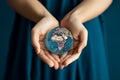 Blue pledge Female hands embrace a globe, symbolizing Earth conservation