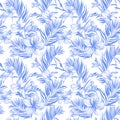 Blue plumeria flowers and exotic palm leaves in seamless tropical pattern. White background. Watercolor painting. Royalty Free Stock Photo