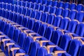 Blue plush chairs with wooden armrests in the auditorium. Empty auditorium in the theater Royalty Free Stock Photo