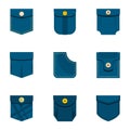 Blue pocket icon set, flat style