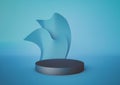 Blue podium with abstract wave shapes on the blue background. Podium for product, cosmetic presentation. Creative mock up.