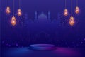 Blue podium background with mosque shape and lantern for your product advertisement islamic theme