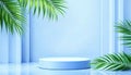 blue podium leaf background beauty cosmetics sale Royalty Free Stock Photo