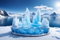 Blue podium made of ice of arctic blue ice