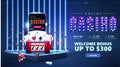 Blue podium with smartphone, red slot machine, poker chips, playing cards in scene with blue neon line wall on background Royalty Free Stock Photo