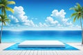 Blue podium Tropical beach blue water, white sand, palm trees, blue sky Royalty Free Stock Photo