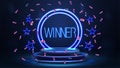 Blue podium of wings with blue neon word winner, rings, neon stars and poker chips in dark blue scene Royalty Free Stock Photo