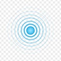 Blue point with concentric circles. Radar signal, sound or sonar wave sign on transparent background. Symbol of aim