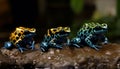 Blue poison arrow frog sitting on wet leaf generated by AI Royalty Free Stock Photo