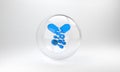 Blue Poisoned pill icon isolated on grey background. Pill with toxin. Dangerous drug. Glass circle button. 3D render