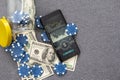 Blue poker chips on stock market chart background Royalty Free Stock Photo