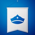 Blue Police cap with cockade icon isolated on blue background. Police hat sign. White pennant template. Vector