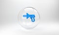 Blue Police megaphone icon isolated on grey background. Glass circle button. 3D render illustration Royalty Free Stock Photo