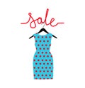 Blue polka-dot dress on a hanger and an inscription sale. Vector illustration with sale of clothes for woman