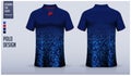 Blue polo shirt mockup template design for soccer jersey, football kit, golf, tennis, sportswear. Camouflage pattern.