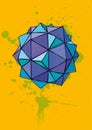 Blue polyhedron with hand drawn hatching on yellow background