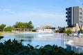 The blue pool at the hotel in the early morning. Rest at the sea Royalty Free Stock Photo