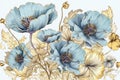 Blue poppies with golden leaves. Intricate artwork. Generative AI