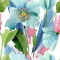 Blue poppy floral botanical flower. Watercolor background illustration set. Seamless background pattern.