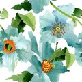 Blue poppy floral botanical flower. Watercolor background illustration set. Seamless background pattern.