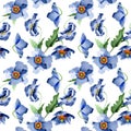 Blue poppy floral botanical flowers. Watercolor background illustration set. Seamless background pattern.