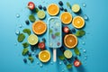 Blue popsicle with fruits and berries on a blue background. Royalty Free Stock Photo