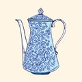 Blue porcelain coffee pot with twisted ornament, hand drawn doodle, simple sketch in pop art style, vector illustration