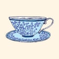 Blue porcelain cup and saucer with twisted ornament, hand drawn doodle, simple sketch in pop art style, vector illustration