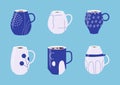 Blue porcelain cup tea coffee ornament set vector Royalty Free Stock Photo