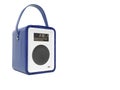 Blue portable radio column for listening to music 3D render on white background no shadow