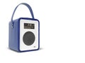 Blue portable radio column for listening to music 3D render on white background with shadow
