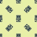 Blue Portable tetris electronic game icon isolated seamless pattern on yellow background. Vintage style pocket brick