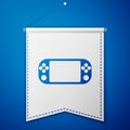 Blue Portable video game console icon isolated on blue background. Gamepad sign. Gaming concept. White pennant template