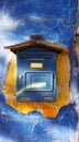 Blue post box on a damaged blue wall Royalty Free Stock Photo