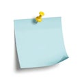 Blue post-it note with yellow pushpin isolated on white background Royalty Free Stock Photo