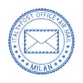 Blue postal stamp Milan, Italy. Postmark with envelope sign