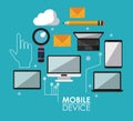 Blue poster with common mobile devices and icons