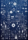 The Blue Poster with Different Types of Objects and Mechanical D