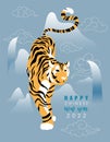 Blue poster with strong tiger, oriental mountains and waterfall. Sign of coming year for calendar of tet and seollal