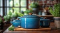 Blue Pots in a Rustic Kitchen Royalty Free Stock Photo